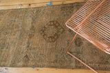 Distressed beige field and faded sky blue geometric patterns on a vintage Karaja runner.