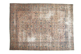 Vintage Lavar Kerman carpet, ivory field, blush and sky blue palmettes, intricate floral design.