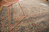 Blush, ivory, sky blue Shah Abbas floral pattern on vintage Lavar Kerman rug with patina.
