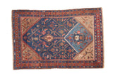 Vintage Kurdish Hamadan rug, Herati design, asymmetric blue vase motif, deep blue, beige, red, 3'9