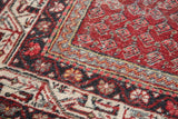 Traditional distressed Mir Serbend carpet with cherry red boteh field and charcoal borders.