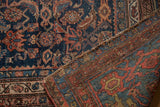 Vintage Bijar carpet's Herati motif, visible pile wear, and hand-knotted back view.