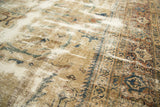 Distressed Persian Mahal carpet pile, with significant wear revealing foundation and muted floral vinery.