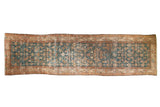Distressed Malayer runner, allover Herati motif, crab border, faded sky blue and bronze.