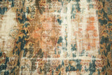 Distressed vintage Hamadan carpet detail with even wear to knot heads, in teal, peach, ivory.