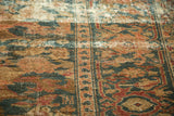Distressed Persian Hamadan carpet with teal, apricot, ivory colors and even wear down to knot heads.