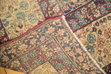 Distressed Kerman mil fluer and trefoil motifs in antique ivory, wine red, blue.