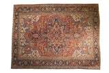 Vintage Heriz Carpet, rectilinear medallion, floral arabesques, red, ivory, blue palette, 8x11.