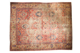 Antique Mahal carpet, cinnabar red oversize palmettes, navy blue lotus, implied lattice, mostly even wear.