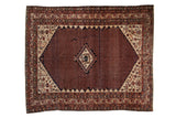 Vintage Mission Malayer rug displaying a dark central diamond, mahi-mahi, and mir boteh motifs.