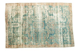 Antique Persian Kerman carpet, faded seafoam blue, ivory, wine red floral medallion, even wear.
