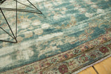 Time-softened teal and ivory pile with floral border on antique Kerman carpet.