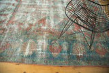 Distressed vintage Mahal rug featuring faded raspberry, sky blue, and ivory curvilinear patterns.