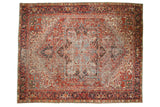 Vintage Heriz carpet, rectilinear drawing, quatrefoil medallion, brick red, navy, 9'1
