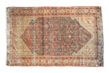 Antique Malayer rug with brick red, teal, and faded saffron yellow Herati motif. 4'1