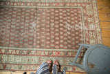 Antique Persian Hamadan rug, brick red allover boteh on oxidized green, floral border, visible foundation wear.