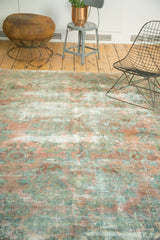 Faded raspberry and dusty teal floral motifs with even pile wear on vintage Lilihan carpet.