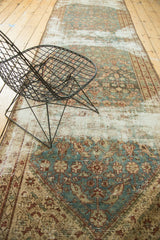 Antique Malayer runner detail showing aqua floral trellis, wine red Herati motifs, and aged texture.