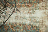 Antique Malayer rug runner detail: aqua, ivory, plum floral pattern, with even wear and etching.