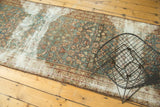 Antique Malayer rug runner displaying aqua blue-green floral trellis against aged ivory texture.