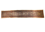Antique Serab runner, hand knotted, repeating geometric medallions, natural sand field, 3'6