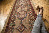 Antique Serab runner's field design featuring repeating serrated medallions and germinating vines.