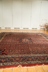 Vintage Bijar carpet's European-influenced main border in navy, green, and blush with red field.