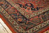 Vintage Bijar carpet corner, European influenced floral border in cherry red, navy, and ivory.