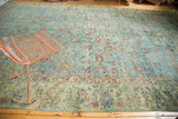 Distressed sky blue and dusty gold Mahal rug corner with vinery motifs and foundation wear.