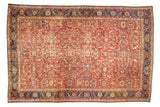 Antique hand knotted Mahal carpet with cherry red field, scrolling Islimis, navy border, 14x22.