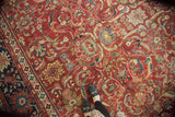 Antique Mahal carpet with cherry red field, intricate Islimis vinery, and complex navy border.