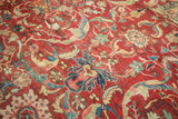 Antique Mahal carpet's intricate Islimis, lotus, and vinery motifs in cherry red and blue.