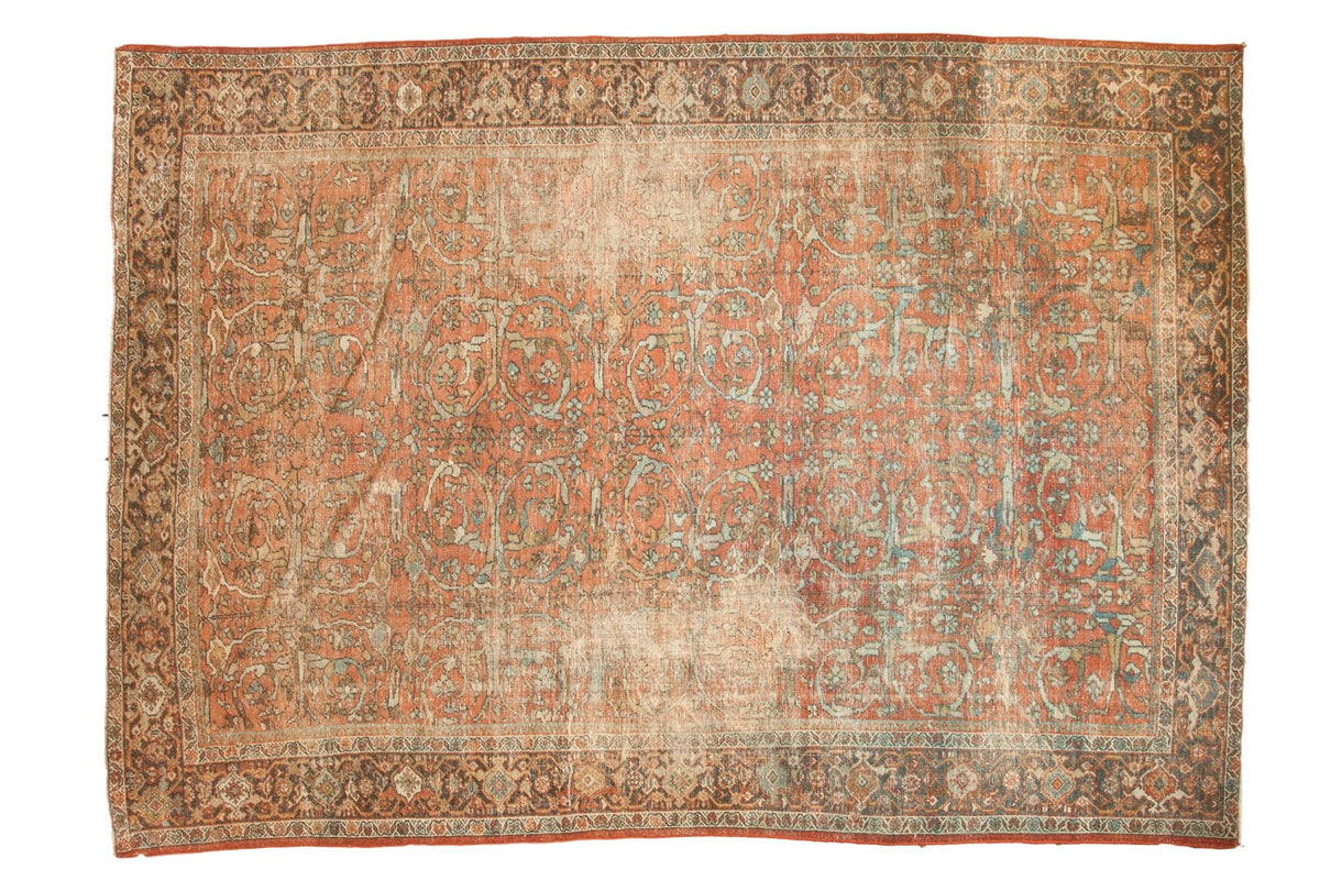 Distressed hand-knotted Persian Mahal carpet, faded terra cotta with blue gol farang vinery.