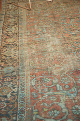 Distressed vintage Mahal carpet detail, faded terra cotta field, blue-green gol farang.