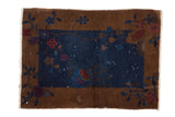 Antique Chinese Fette Li rug mat, art deco floral design, navy, bronze, wine red, 2' x 2'9