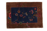 Antique Chinese Fette Li rug mat with art deco floral vines on a navy field and brown border, 2'1