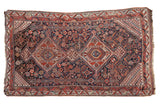 Antique Persian Qashqai rug with prominent double medallion, intricate tribal field in navy, madder red, ivory, 4x7.