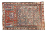 Antique Caucasian Prayer fragment rug with madder red and sky blue lattice and mehrab, 3'3