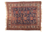 Antique Afshar square rug, staggered double column animal motif pattern in navy, cherry red, sky blue.