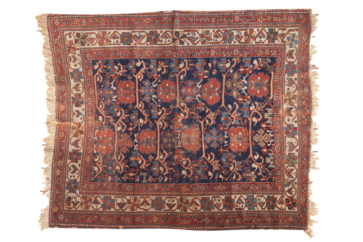 Antique Afshar square rug, staggered double column animal motif pattern in navy, cherry red, sky blue.