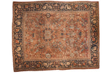 Antique Mahal carpet, allover repeating oversized motifs in unusual chocolate bronze, navy, ivory. 10'7