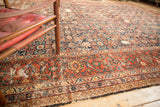 Vintage Mahal carpet's madder root red main border with classic turtle and samovar motifs.