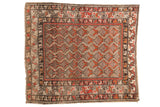 Antique Hamadan rug features allover germinating plant motif in beige, red, orange, and oxidized silver. 4x5