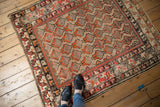Intricate antique Hamadan rug with repeating germinating plant and checker motifs in red, orange, brown.