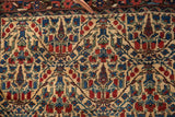 Detail of vintage Kurdish Bijar rug's dense allover cypress trellis pattern in ivory, red, blue, green.