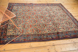 Vintage Kurdish Bijar rug border details, rich red, sky blue, and green trellis motif.