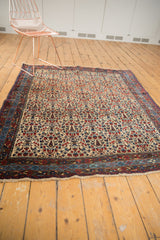 Vintage Kurdish Bijar rug's ivory fringe and intricate borders with madder red, navy, and green.