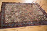 Vintage Kurdish Bijar rug detail: dark red and blue geometric borders with ivory cypress tree trellis.