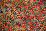 Madder root red, blue, green herati motif on a hand-knotted antique Kurdish Bijar rug.