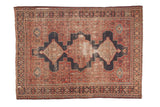 Distressed vintage Senneh rug, triple medallion, herati motif, red, indigo, ivory. 4'3